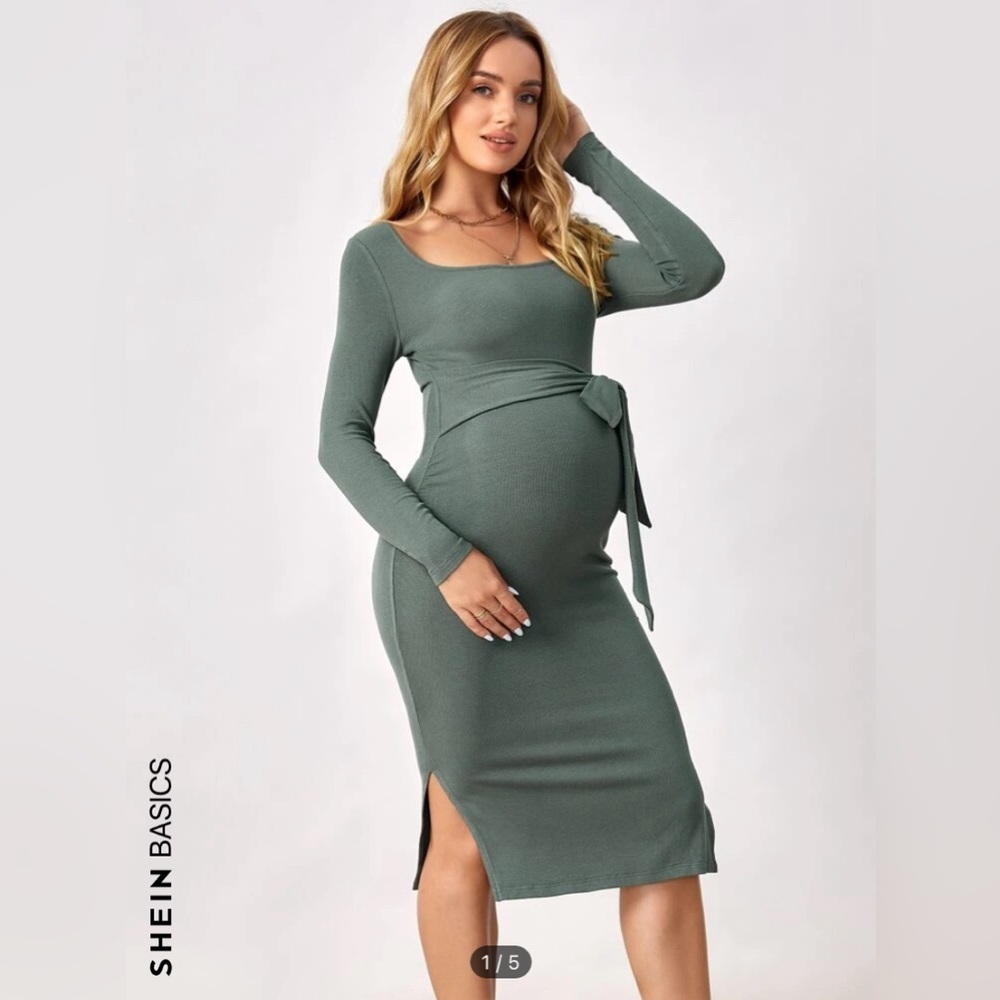 Maternity green mid length maternity dress long sleeve, super comfy size small